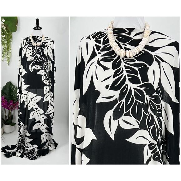 COPY - Black White Maile Hawaiian Lei MAXI SARONG Kīkepa Pareo Beach Wrap Skirt - Picture 1 of 4